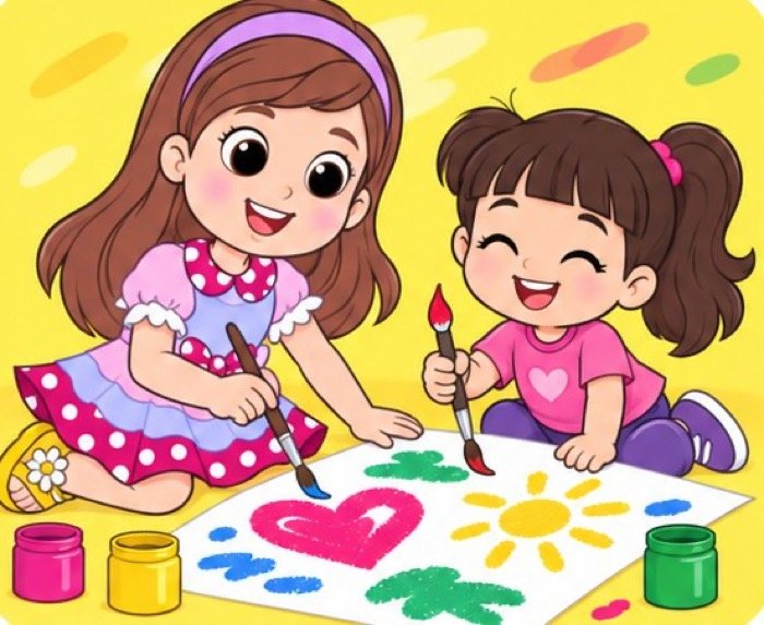 Ilustração de duas meninas pintando um coração e um sol